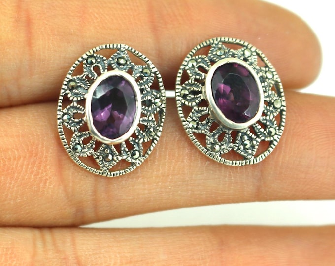 Vintage Sparkling Small Oval Marcasite & Amethyst CZ Stud Earrings 925 Sterling ER 1306