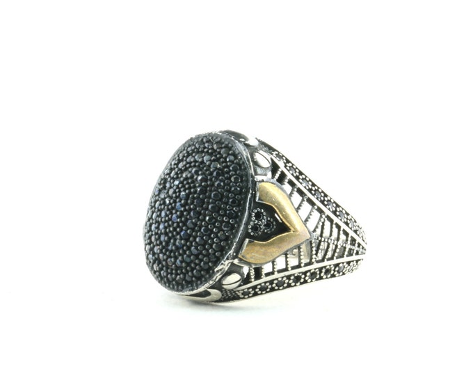 Vintage Size 11.75 Black Crystals Gold Plated Men Ring 925 Sterling RG 4311