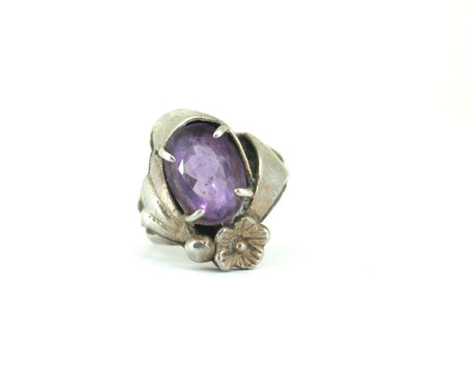 Vintage Oval Purple Crystal Flower Design Ring 925 Sterling Silver RG 4111