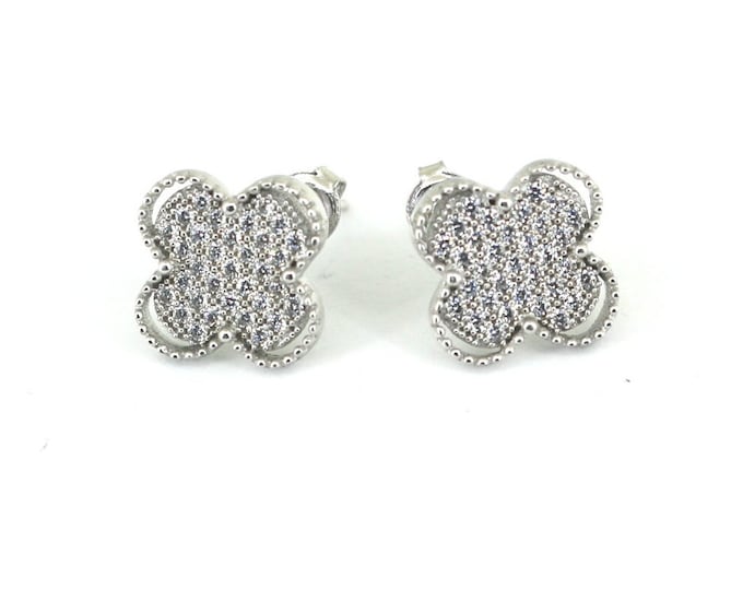 Vintage Clover Good Luck White Gold Inlaid CZ Crystals Design Stud Earrings Au GOLD 14K 585 ER 1399