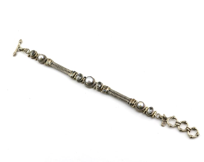 Vintage Sarda Freshwater Pearls Beads Clear Quartz Crystals Bali Design Chain Bracelet 925 Sterling Silver BR 3588U