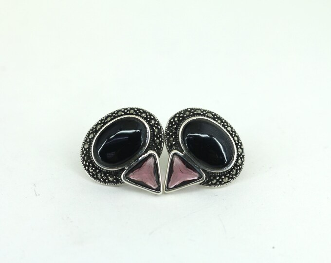 Vintage Oval Black Onyx  & Marcasite Delta Pink Stud Earrings 925 Sterling ER 1354