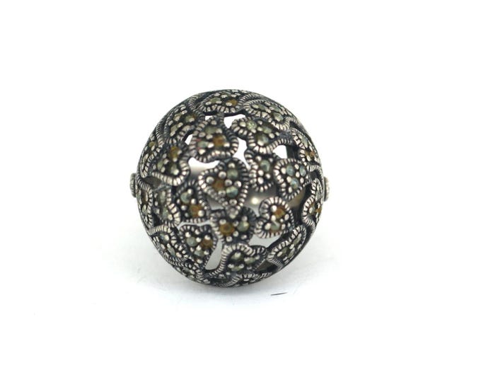 Vintage Size 6.75 Dome Shape Floral Marcasite  Ring 925 Sterling Silver RG 4208