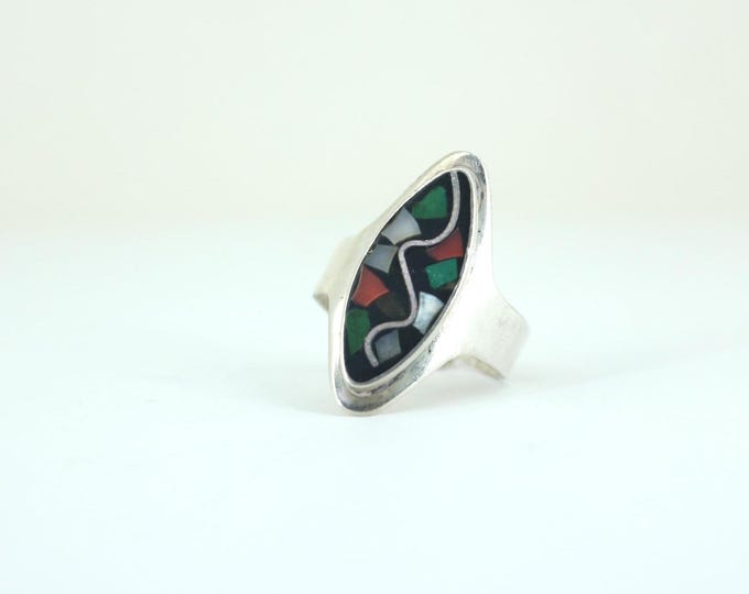 Vintage Large Oval Colorful Stones Mother Of Pearl Design Ring 925 Sterling Silver Rg 4145