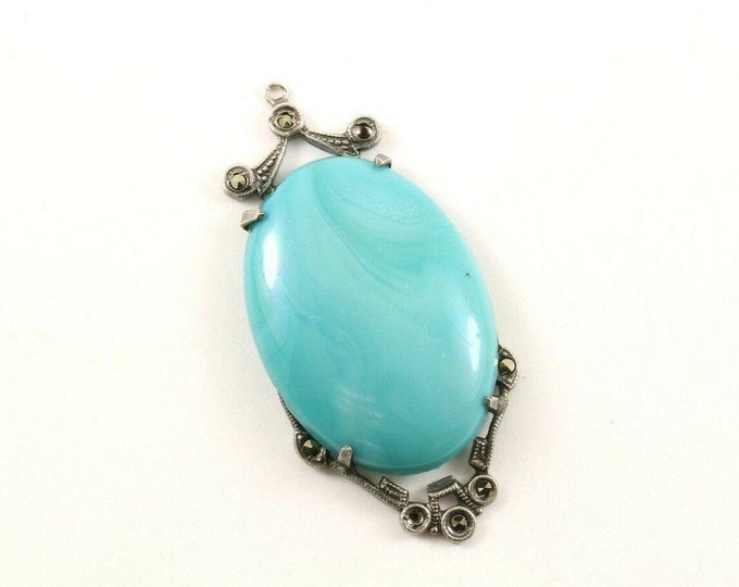 Vintage Oval Blue Stone Marcasite Design Pendant 925 Sterling Pd 2005(401734525163)