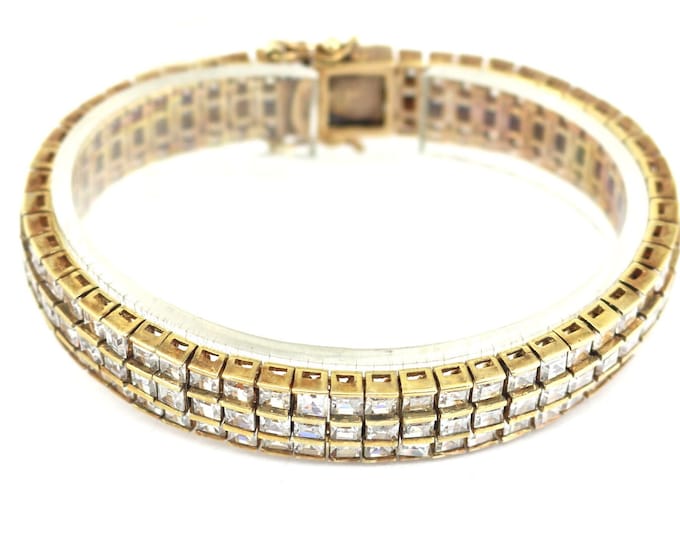 Vintage 7.5 In Triple CZ Crystals Gold Plated Tennis Bracelet 925 Sterling Br 2581