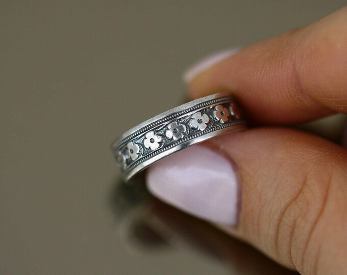 Vintage Size 7.25 Flower Floral Design Band Ring 925 Sterling Silver  Rg 1106