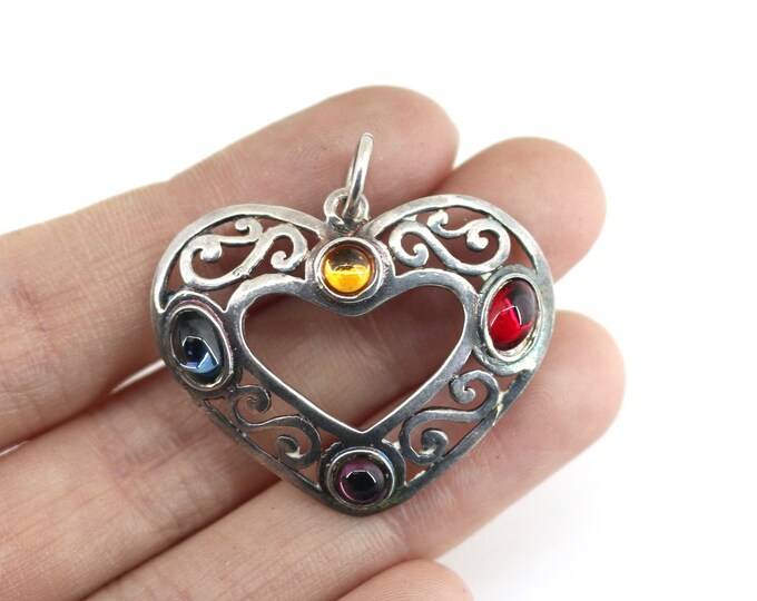 Vintage Filigree Heart Multi-colored CZ Crystals Design Pendant 925 Sterling Silver PD 754