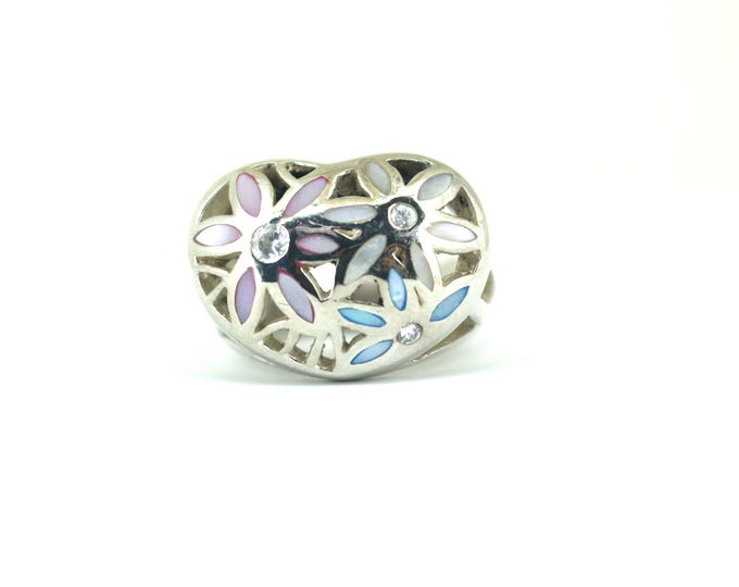 Vintage Size 8.75 Floral Heart Mother Of Pearl Ring 925 Sterling Silver RG 4184