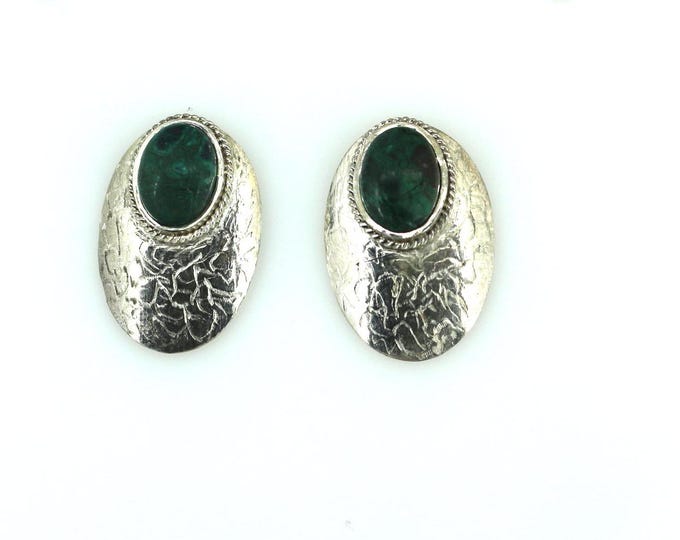 Vintage Native American Oval  Green Malachite  Inlay Etched Stud Earrings 925 Sterling ER 706