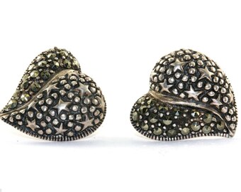 Vintage Heart Leaf Dome Marcasite Stars Engraved Stud Earrings Sterling Er 599