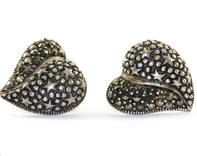 Vintage Heart Leaf Dome Marcasite Stars Engraved Stud Earrings Sterling Er 599
