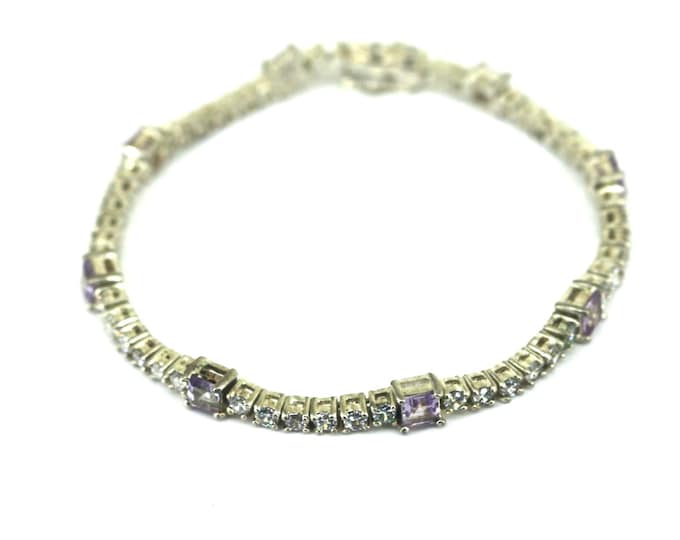 Vintage Sparkling White & Purple Tennis Bracelet 925 Sterling BR 240