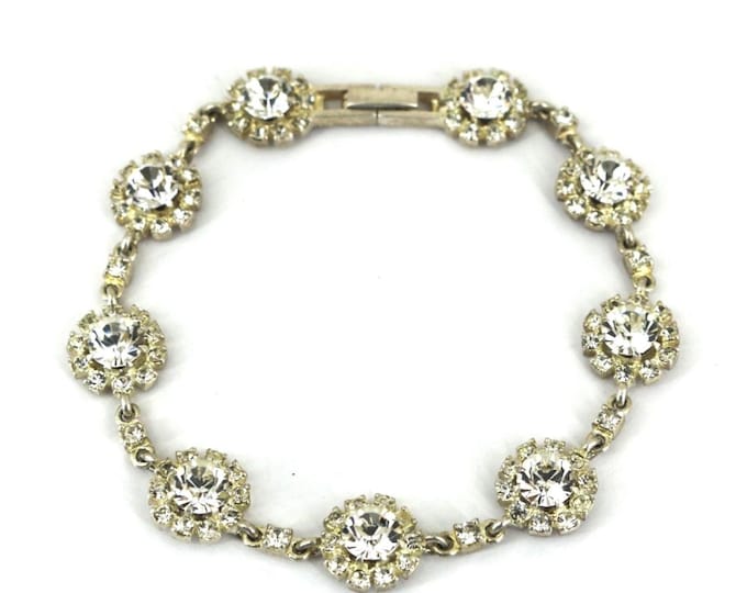 Vintage Halo Flowers White CZ Link Sterling Silver Bracelet  BR 143