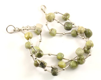 Vintage Beautiful Green Jade Stone Beaded Chain Bracelet 925 Sterling Silver BR 2527