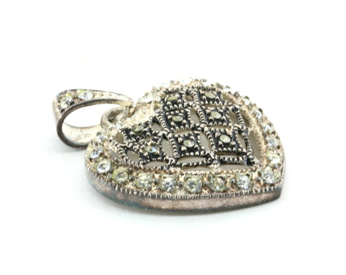Vintage Heart Shape Design Marcasite White CZ Pendant 925 Sterling  PD 2400