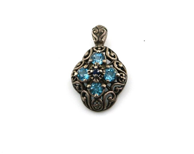 Vintage Beautiful Scrolls Cut Blue Crystals CZ Pendant 925 Sterling PD 1149N