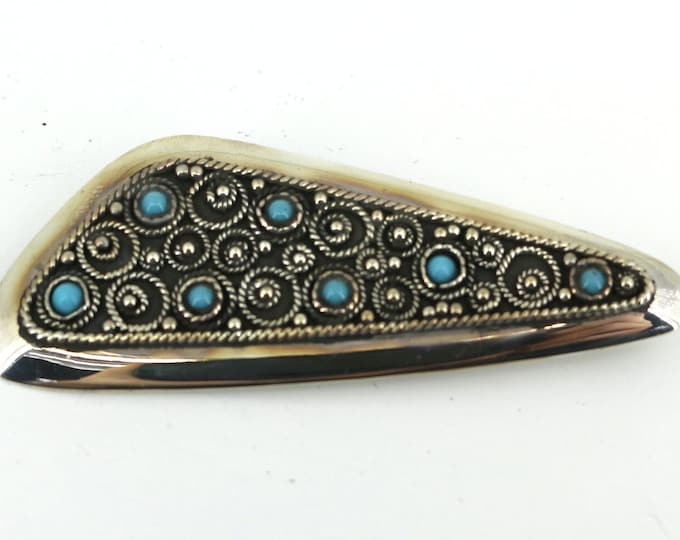 Vintage Jerusalem Israel Blue Turquoise Stone Beauty Design Brooch Sterling Silver 925 BB 813