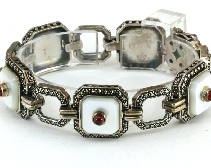 Vintage 6.75 In Mother Of Pearl & Marcasite Heavy Link Bracelet 925 Sterling Silver Bracelet | BR 2055