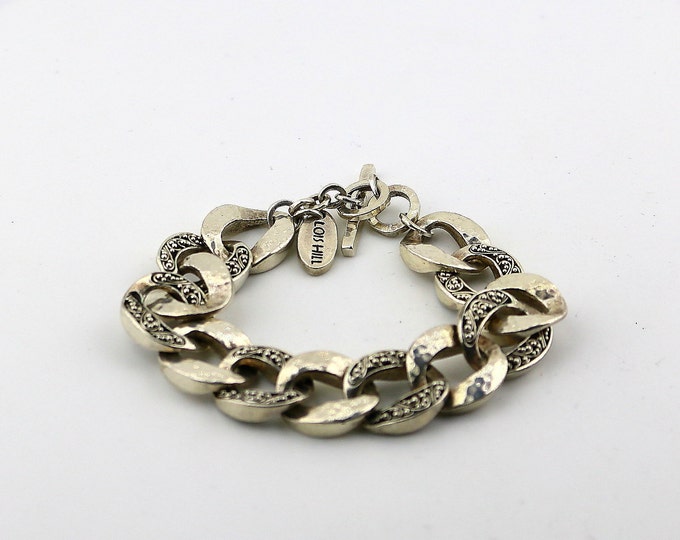 Vintage Indonesia Lois Hill Hammered Carved Scroll Beaded Design Link Chain Bracelet 925 Sterling Silver BR 3926