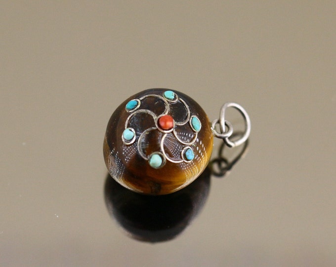 Rare Ethnic Tiger Eye Stone Cut Floral Ornament Turquoise Coral Beads Design Pendant 925 Sterling PD 2749