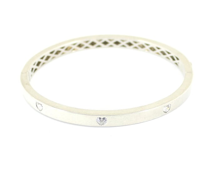 Vintage Heart Cut Flush Crystals CZ Bar Bangle Bracelet 925 Sterling Silver BR 824