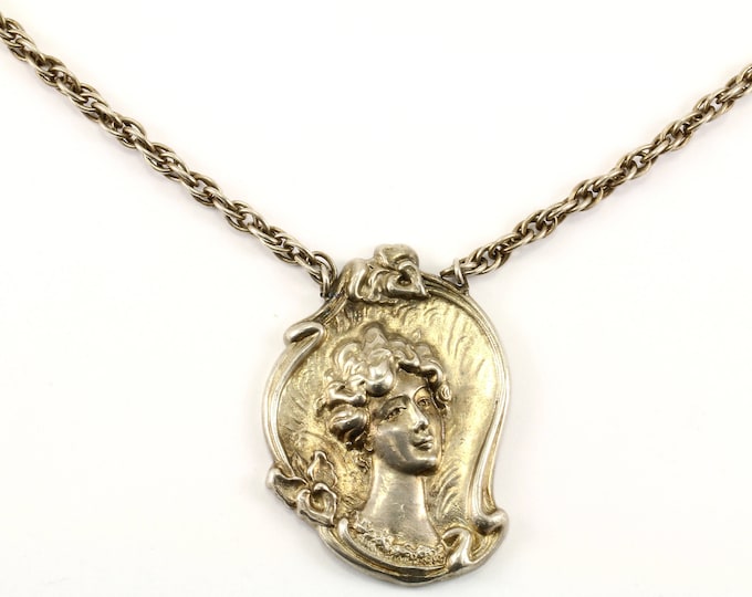 Vintage Lady Woman's Face Floral Large Pendant Chain Necklace 925 Sterling NC 59