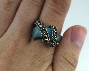 Vintage Size 6.25 Overlap Marcasite Blue Ring 925 Sterling RG 772