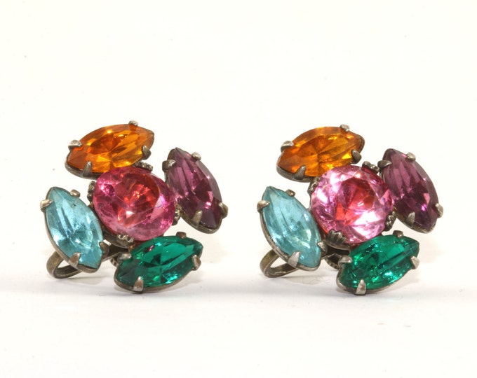 Vintage Flower Shape Multicolor Crystals Screw Back Earrings Sterling Silver ER 26
