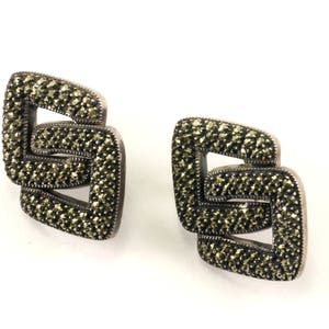 Vintage Judith Jack Marcasite Stones Geometry Rhombus Design Stud Earrings 925 Sterling Silver ER 1033
