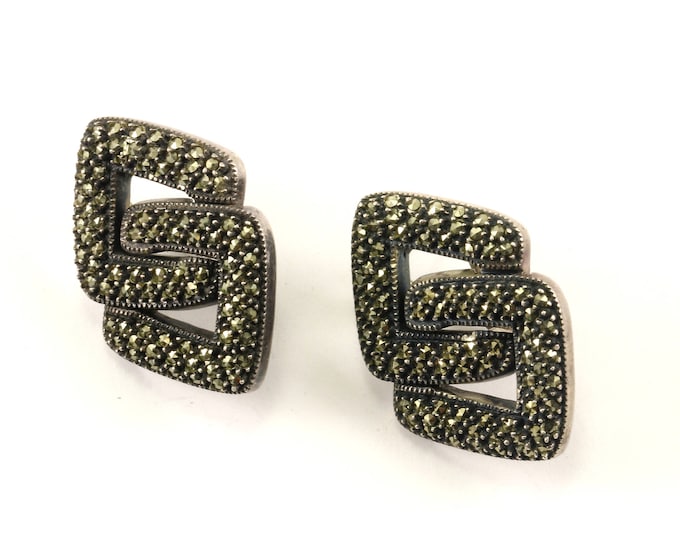 Vintage Judith Jack Marcasite Stones Geometry Rhombus Design Stud Earrings 925 Sterling Silver ER 1033