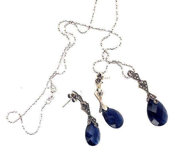 Vintage Set | Marcasite Stone Necklace Earrings | Dark Blue Chrystal Necklace & Earrings | Silver 925 Sterling Set | NC 1858F