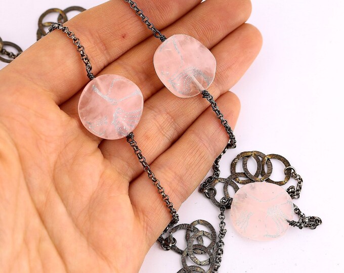 Vintage 32 Inch Rose Quartz Crystal Design Chain Necklace 925 Sterling Silver NC 623