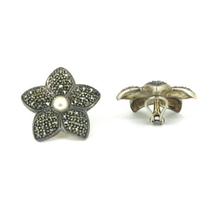 Vintage Blumen Markasit & Perlen Ohrclips Sterling Silber ER 1654