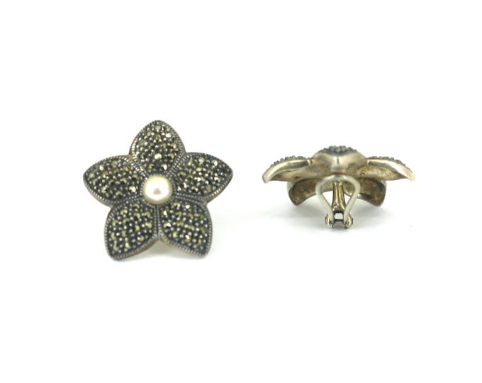 Vintage Floral Flower Marcasite & Pearl Clip On  Earrings Sterling Silver ER 1654