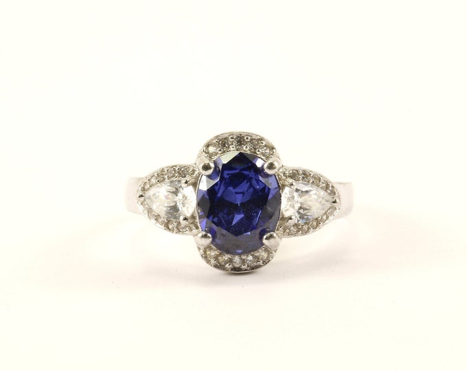 Vintage Size 9 Sparkling Sapphire Color Crystal CZ Three Stone Engagement Design Ring 925 Sterling RG 1870