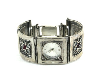 Vintage Pink Amber Stone Link Band Watch 925 Sterling Silver OT 399