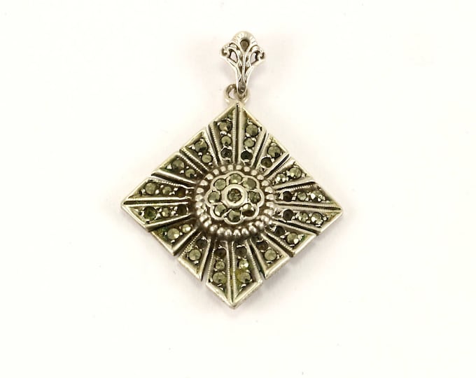Vintage Marcasite Rhombus Shape Design Pendant 925 Sterling Silver PD 1449