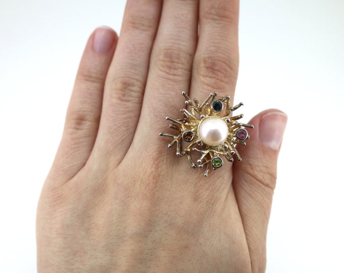 Size 6.75 Freeform Branches Ring With Gemstones and Faux Pearl 925 Sterling Silver Rg 3168