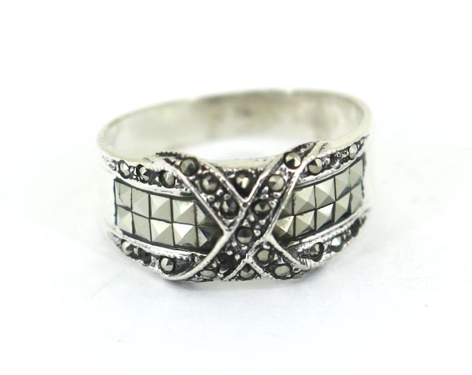 Vintage Size 9.75 X Dome Shape Marcasite Inlay Ring 925 Sterling Silver RG 4710
