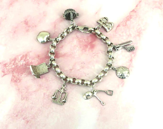 Vintage Rolo Chain Charm  Bracelet: Libra, Laptop, Hairbrush, Masks  925 Sterling Silver BR 194