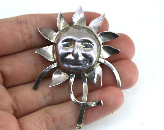 Vintage Mexico Sunflower Face Brooch  925 Sterling Bb 685