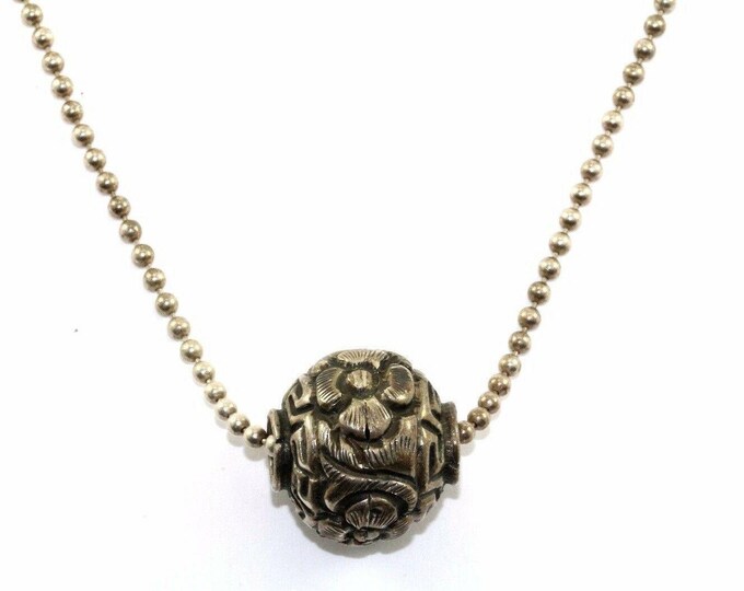Vintage 30 Inch Round Bead Floral Design Beaded Chain Necklace 925 Sterling Silver Nc 624