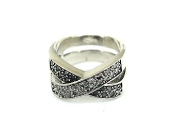 Vintage Size 8 Black CZ Crossing Band Ring 925 Sterling Silver RG 752