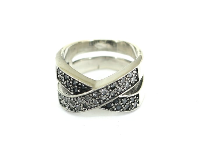 Vintage Size 8 Black CZ Crossing Band Ring 925 Sterling Silver RG 752