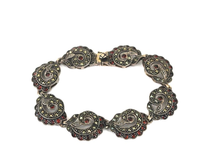 Vintage Sparkling Red CZ Crystals/ Marcasite Link Bracelet Sterling Silver BR 206