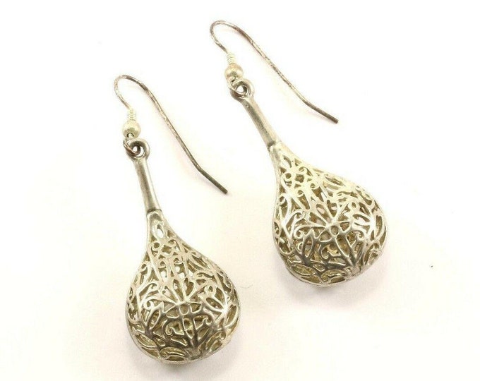 Vintage Open Scroll Pear Shape Drop Dangle Earrings 925 Sterling Silver Er 818