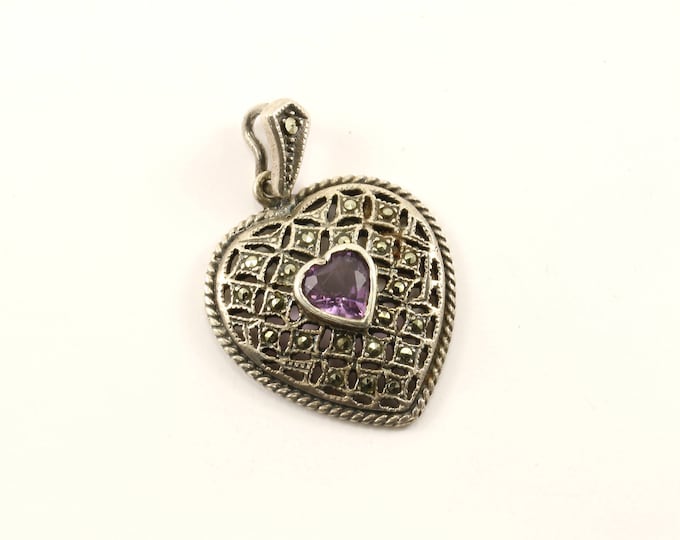 Vintage Heart Marcasite Purple Amethyst Pendant 925 Sterling  PD 1452