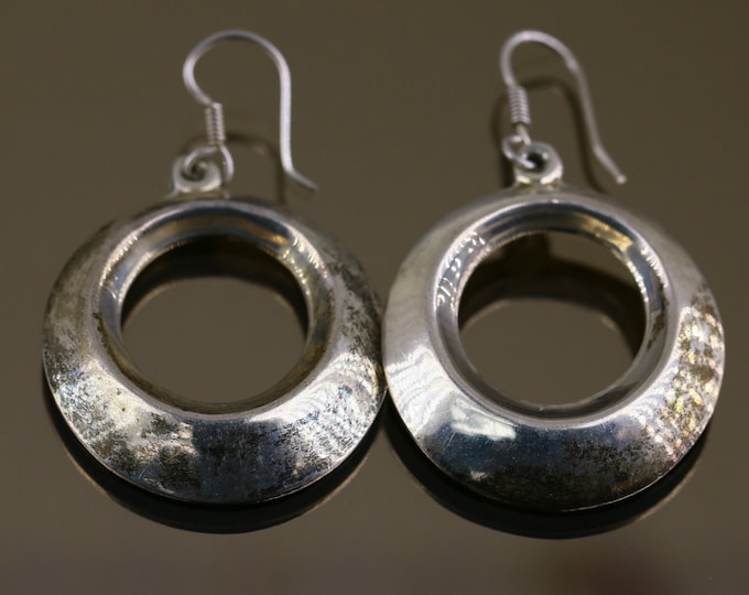 Vintage Beautiful Mexico Shiny Round Circle Shape Geometric Design Drop Dangle Earrings Sterling Silver 925 ER 1742