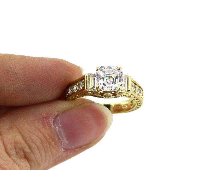 Vintage Size 7 CZ Asscher Cut Ring Gold Plated Sterling Silver RG 2045K